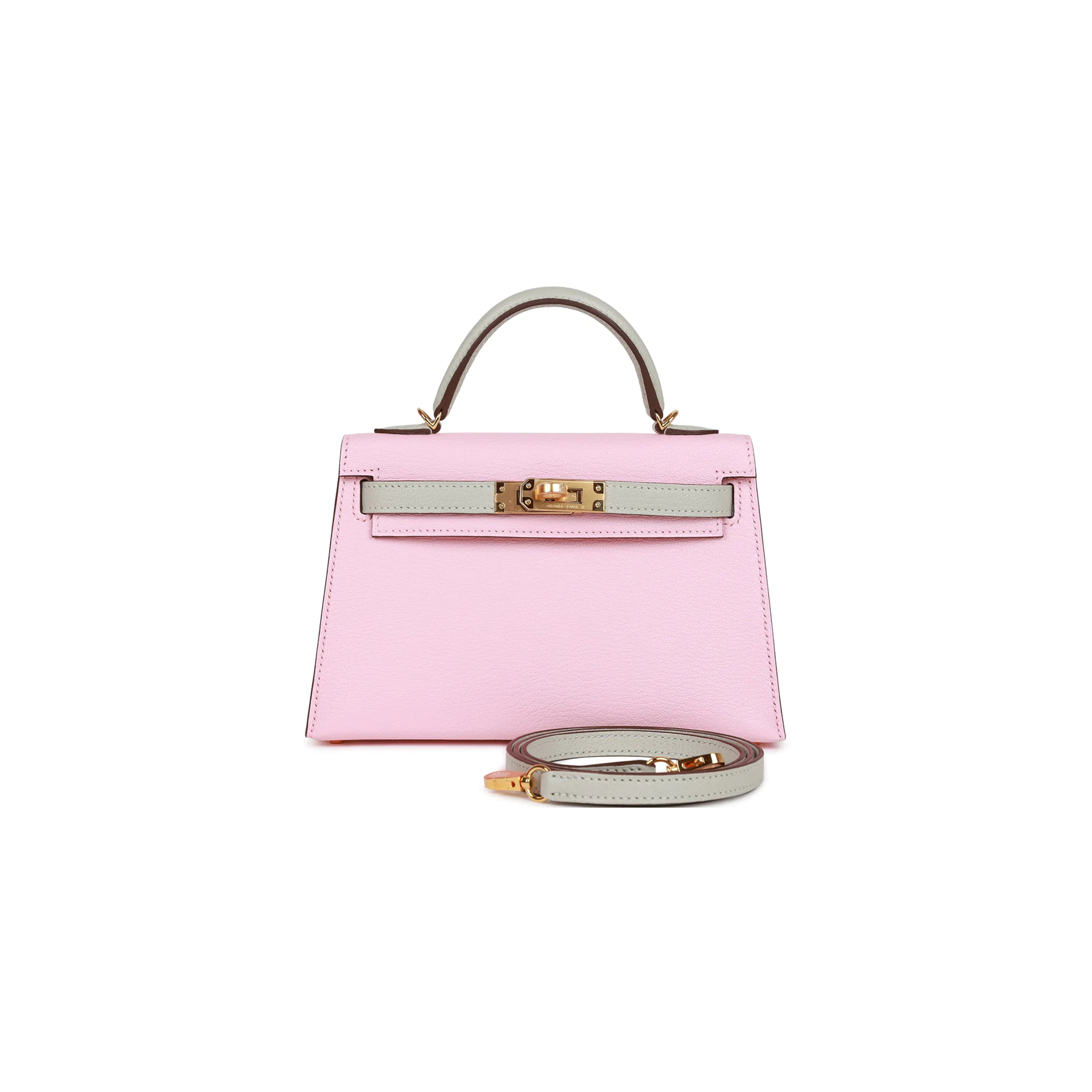 HERMÈS MINI KELLY II ROSE SAKURA AND GRIS PERLE CHEVRE GOLD HARDWARE (19*12*5.5cm)